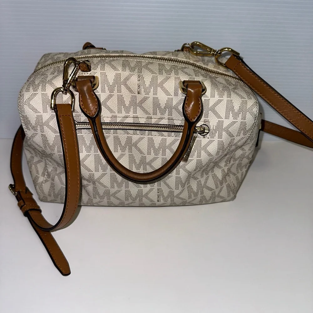 Michael Kors Monogram Kirby Satchel Bag Beige/Brown Vanilla/Acorn MK Logo Purse